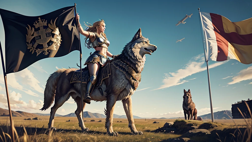 goddess germania stands on a wide field. she holds the flag of the german empire. behind her is the army of the german empire. two wolves sit at her feet and an eagle circles in the sky.