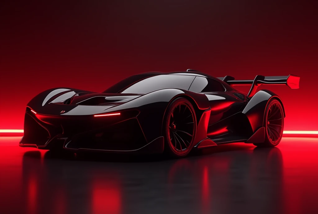 The image features a modern sports car that exhibits a sleek and aerodynamic design. The vehicle is painted in a glossy black color, with red accents highlighting its contours and the edges of the wheels. The car's body is low and wide, indicative of a design optimized for high-speed stability and agility. The front end of the car is not visible in this image, focusing instead on the side profile which showcases the car's muscular fenders and the pronounced air intakes on the side panels. The rear wing spoiler suggests a focus on performance and downforce at high speeds. The ambient lighting casts a dramatic red glow around the car, enhancing its aggressive stance and the luxurious, high-tech feel of its design. There are no discernible background elements other than the red-hued light that envelops the car, directing all attention to the vehicle itself, retina, accurate, masterpiece, super detail, high details, best quality, award winning, highres, HD, 4K, 8k, 16k, retina, accurate, masterpiece, anatomically correct, textured skin, super detail, high quality, award winning, highres, 8k, 16k