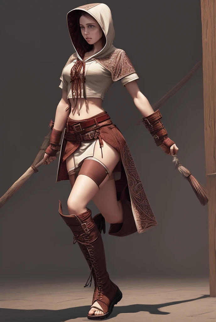 The girl is wearing a hooded outfit with intricate patterns, likely designed to resemble an assassin or warrior. Her attire includes:

A hooded cloak or head covering, partially obscuring her face.
A short sleeve crop top with a crisscross design around the chest and midsection, leaving her midriff exposed.
bracers on her forearms, matching the design of her outfit.
A red sash or belt around her waist, with additional belts or straps hanging from it.
A short skirt or loincloth with detailed patterns and tassels, revealing her upper legs.
Knee-high sandals or boots with straps, complementing the overall look. And her arms are raised.