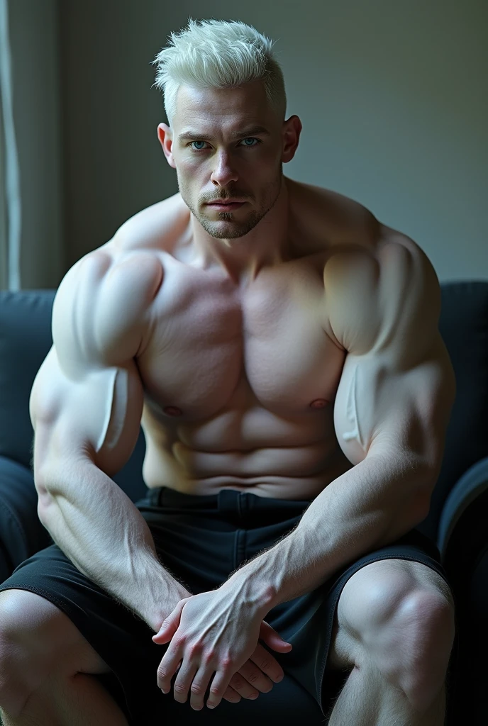 Leon shirtless and without underwear,white hair,blue colored eyes,pale,brawny, sitting not sofa