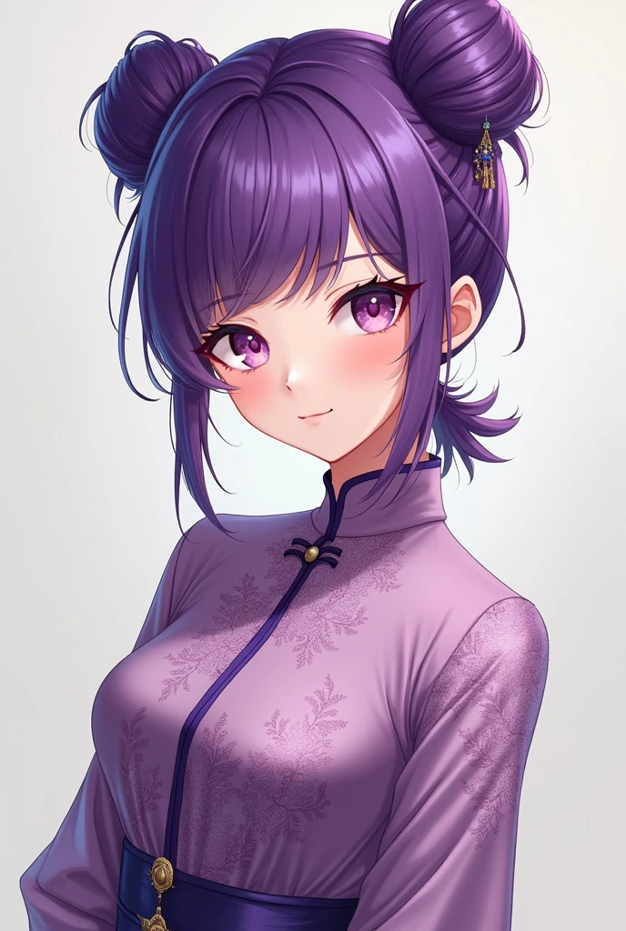 Purple hair, adult, adult face, woman, purple, Chinese dress, twin buns, whole body, legs, front view, anime