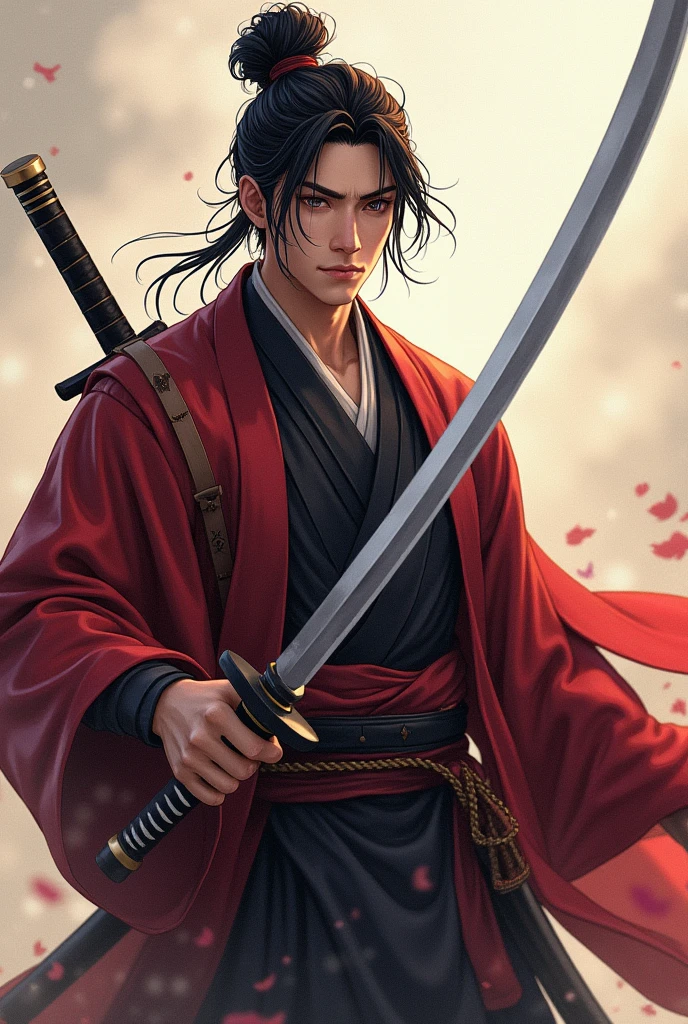 (Highest quality、 8k 、masterpiece、High resolution)、Japanese Samurai、1. Man、A young Edo period swordsman、Musashi Miyamoto、Dual-wielding master、Holding the hilt of a sword、Anime Art、(The blade is about 80cm long.、The stem is short, about 20 cm.、The sword has a rounded tsuba)、Official Art、Detailed CG、