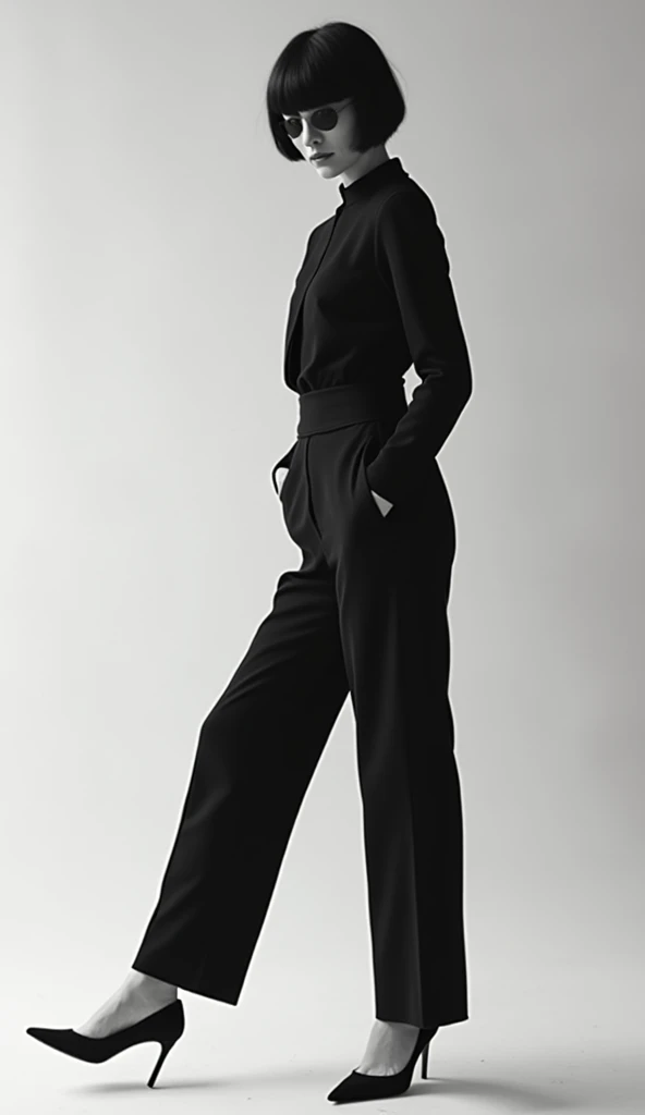 elegant 1960s fashion portrait, minimalist style, monochrome color palette, mod aesthetic, retro chic"