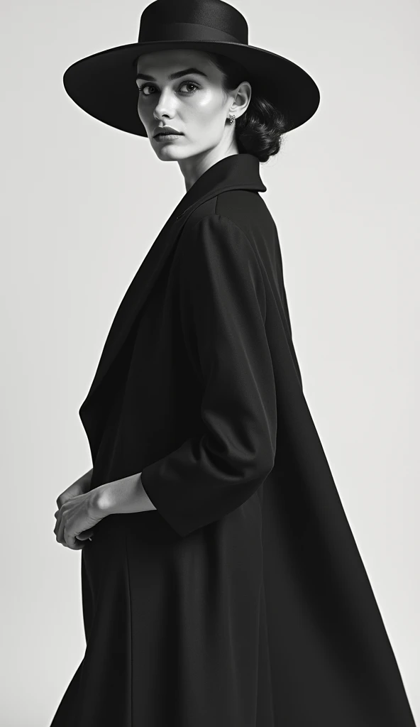 elegant 1960s fashion portrait, minimalist style, monochrome color palette, mod aesthetic, retro chic"