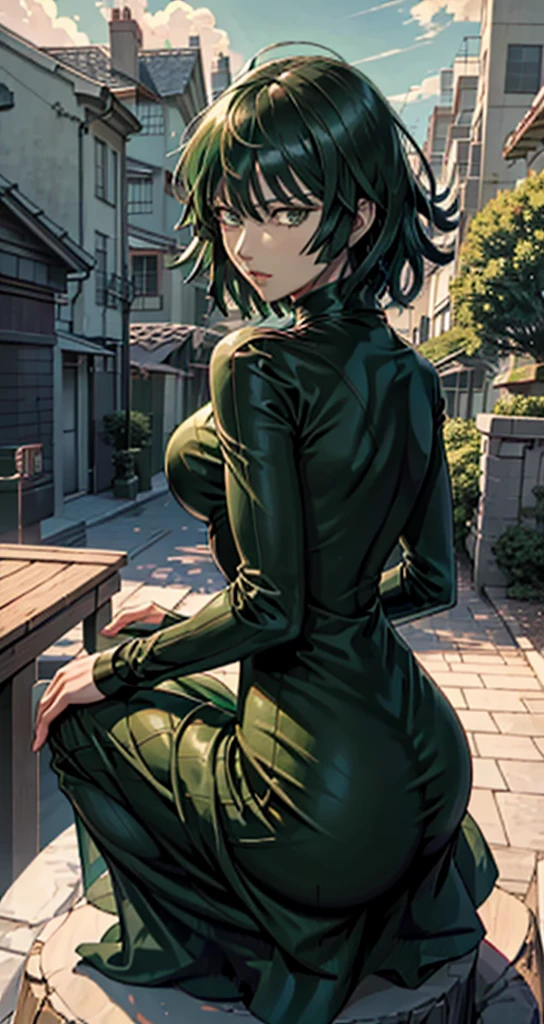 A woman in a green dress sitting on a ledge, Fubuki de One Punch Man, Beautiful anime girl squatting, Fubuki, Thicc, She is wearing a dark green dress,Fubuki, peeping from behind, back posture, Full growth from behind, Growing from behind, seductive anime girl, Anime woman