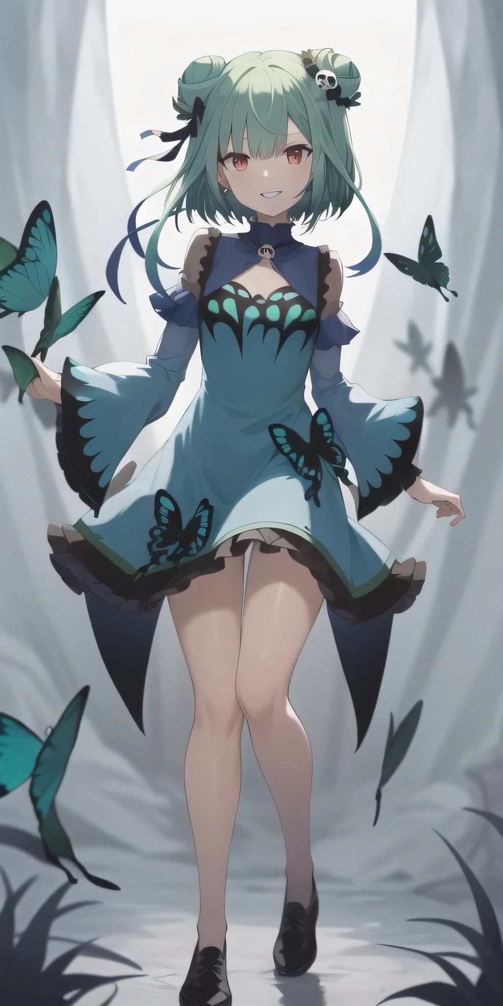 2D, masterpiece, Highest quality, anime, Highly detailed face, Highly detailed eyes, Highly detailed background, Perfect lighting, whole body, One girl, alone, Lucia_green, Green Hair, short hair, Double Bang, green dress, Short dress, skull hair ornament, Are standing, Dynamic pose, smile, rushia_Blue, green hair, short hair, double bun, Blue dress, short dress, butterfly, skull hair ornament,standing,(((full body)),teeth,happy,Hold out your left hand