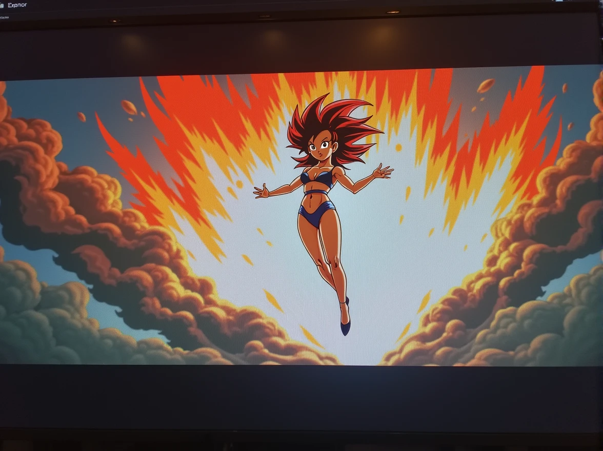 1girl, beautiful detailed eyes, beautiful detailed lips, extremely detailed eyes and face, long eyelashes, dragon ball z style, hyper detailed, 8k, high quality, masterpiece, photorealistic, cinematic lighting, dramatic, vibrant colors, epic fantasy, muscular physique, dramatic pose, dynamic action, glowing aura, floating in the air, powerful energy effects, cinematic composition
