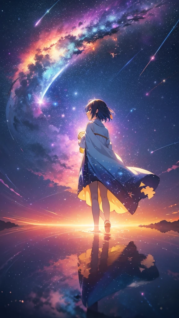 anime girl looking at the stars in the sky, endless cosmos in the background, beautiful anime artwork, anime art wallpaper 4k, anime beautiful peace scene, anime art wallpaper 4 k, dreamy psychedelic anime, beautiful anime art, on a galaxy looking background, looking out into the cosmos, makoto shinkai cyril rolando, anime girl walking on water