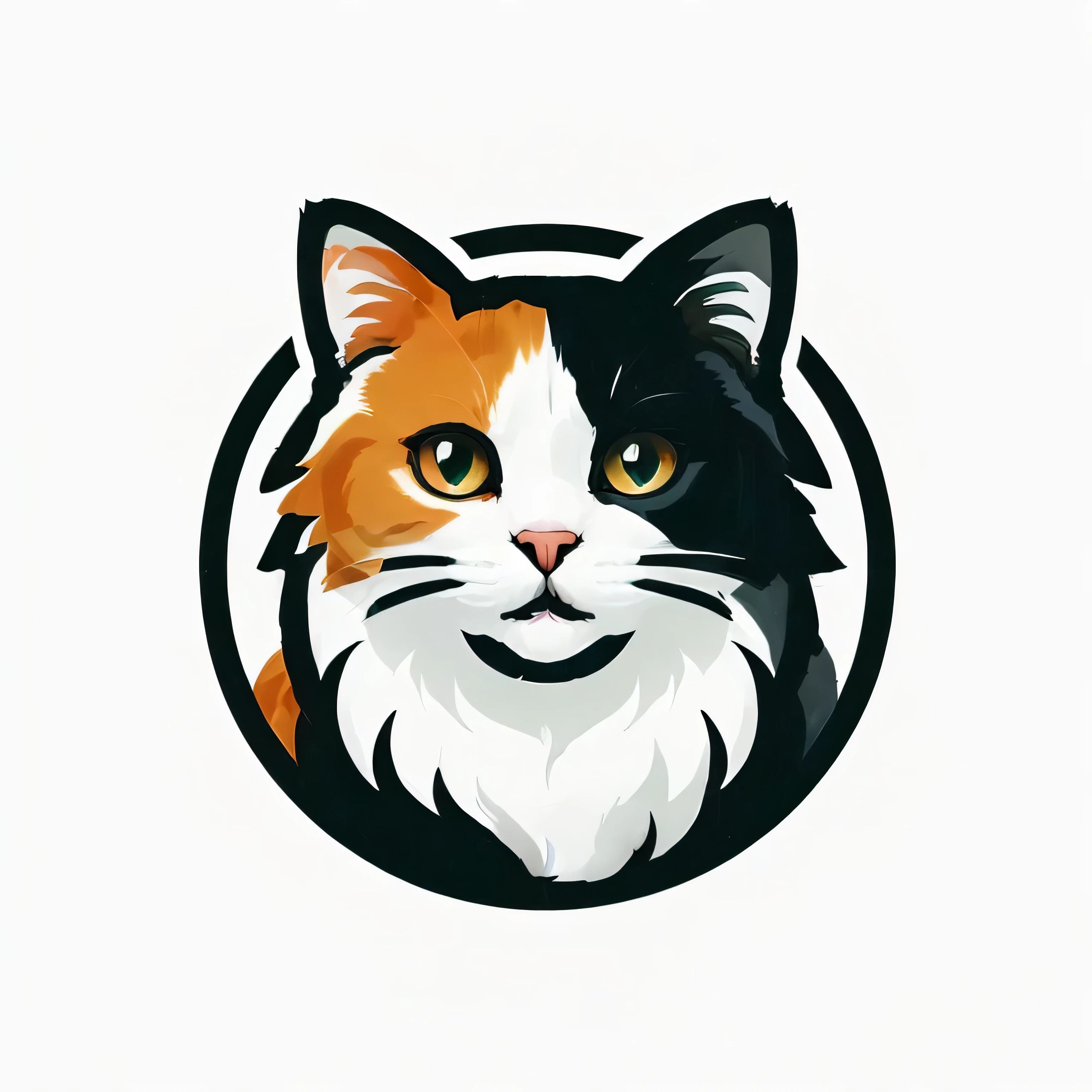 There is a cat looking at the camera in a circle, Cat themed logo, Cat Design, Calico cat, Cat Farm Clinic logo, Cat illustration, Calico, Mascot illustration, Cat Head, Anthropomorphic cat, How much is it, the cat is smiling, By Petr Brandl, cute cat, anthropomorphic female cat