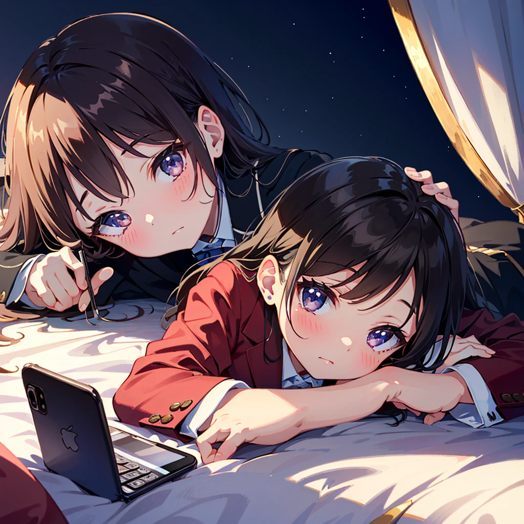 {{{Masterpiece, highest quality, high resolution background}}}, bright and beautiful atmosphere, 1 girl (7 years old, round face, baby face), small breasts, on the bed in her room, in a blazer, lying face down on her smartphone "deltamon_sdXL :0.73) >Deltamon"
