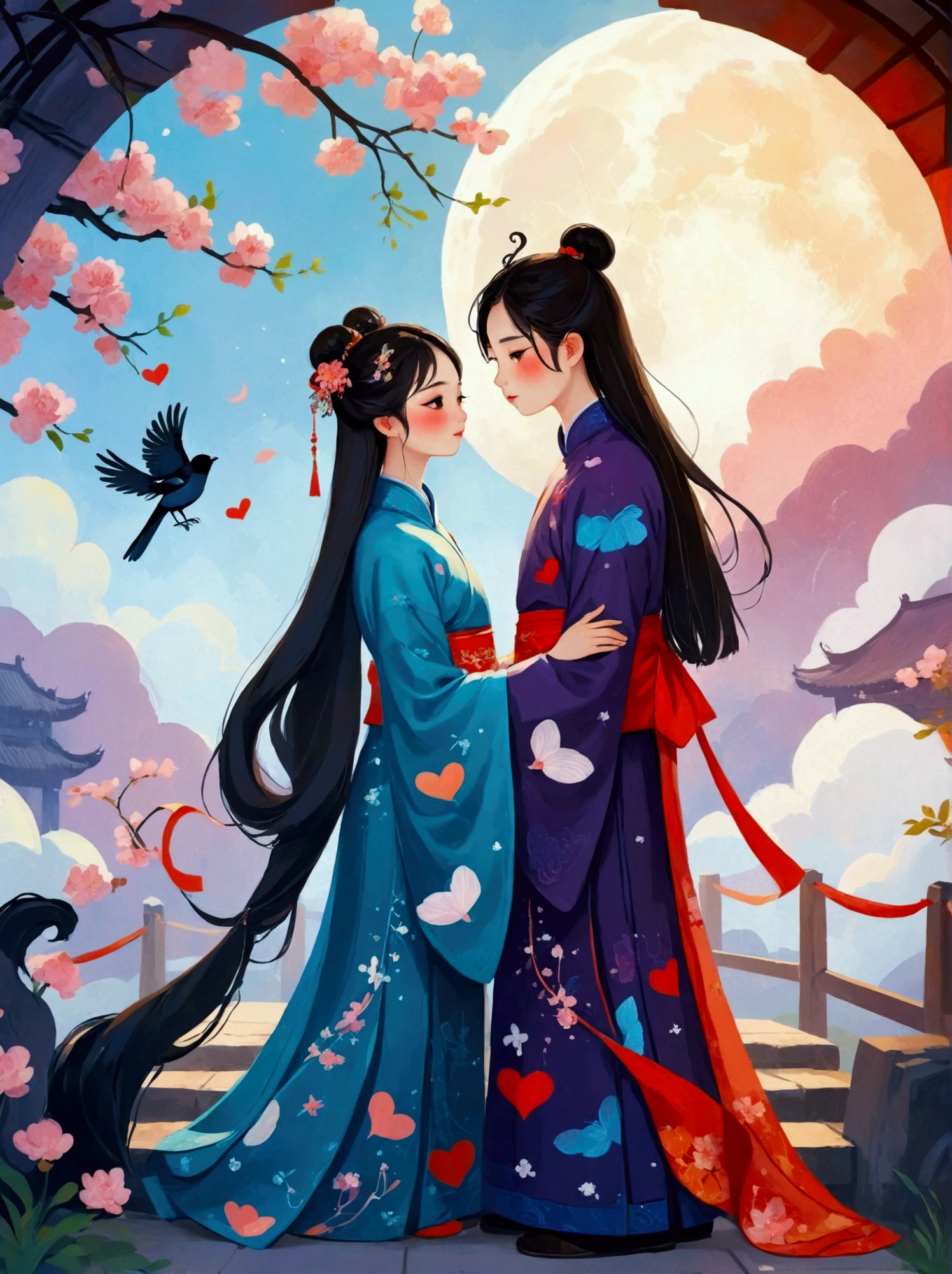 Wool felt style，Surreal space，abstract，Valentine&#39;s Day，Ancient Chinese Mythology，Hanfu，Boys and girls snuggle together，Standing on the arch bridge，A calf stands at the boy&#39;s feet，Fluffy love heart，Fluffy clouds，Star，Beautiful moon，Magpie，Grass，Flowers，In a dream，A vibrant and fun way to set the stage，Blue, purple and pink tones，Bright，Art