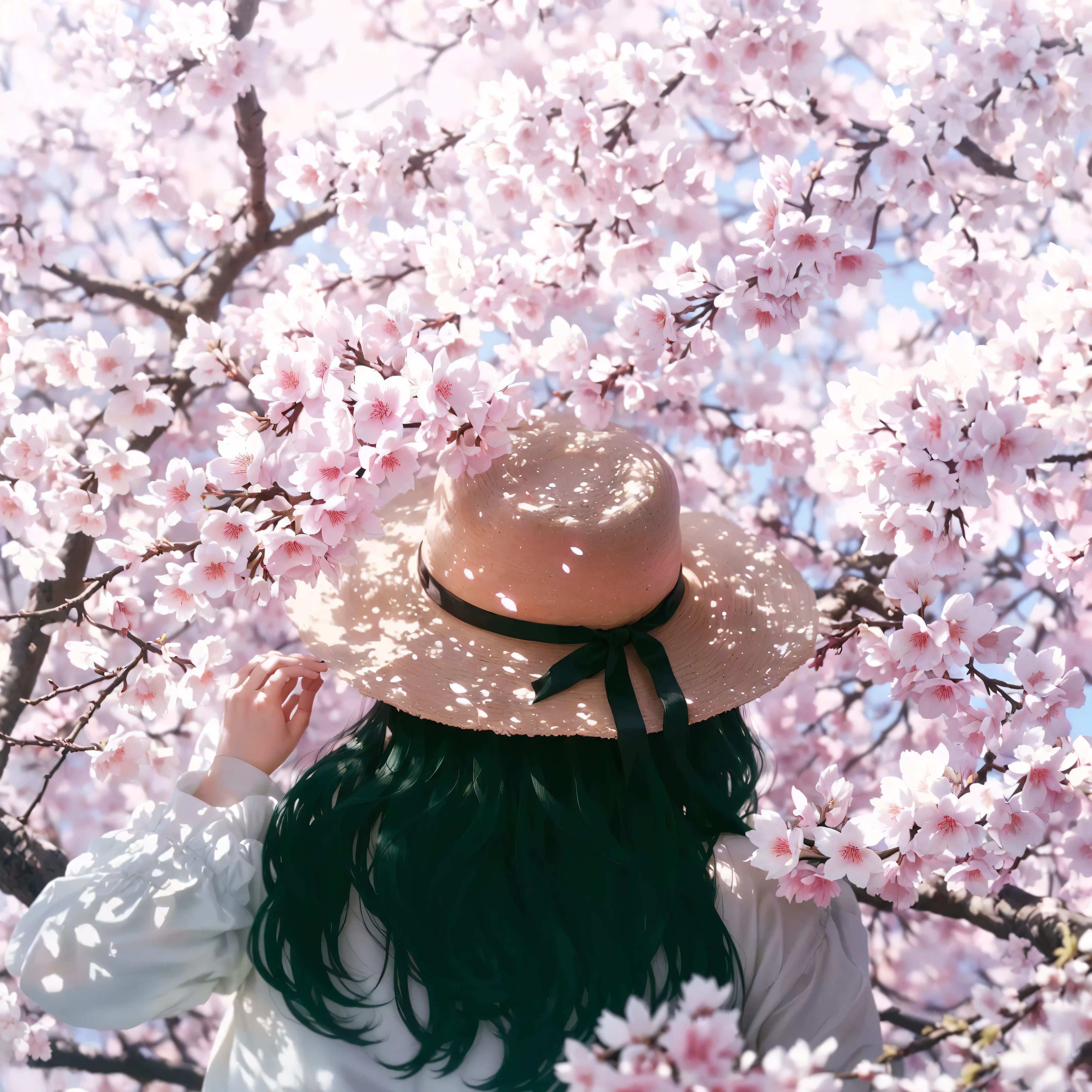 araffe woman in a hat standing under a tree with pink flowers, spring vibes, under sakura tree, sakura season, cherry blossoms, spring time, cherry blossom, seasons!! : 🌸 ☀ 🍂 ❄, sakura bloomimg, sakura petals around her, 🌸 🌼 💮, with bloom ethereal effects, girl in flowers, the non-binary deity of spring, blossoms