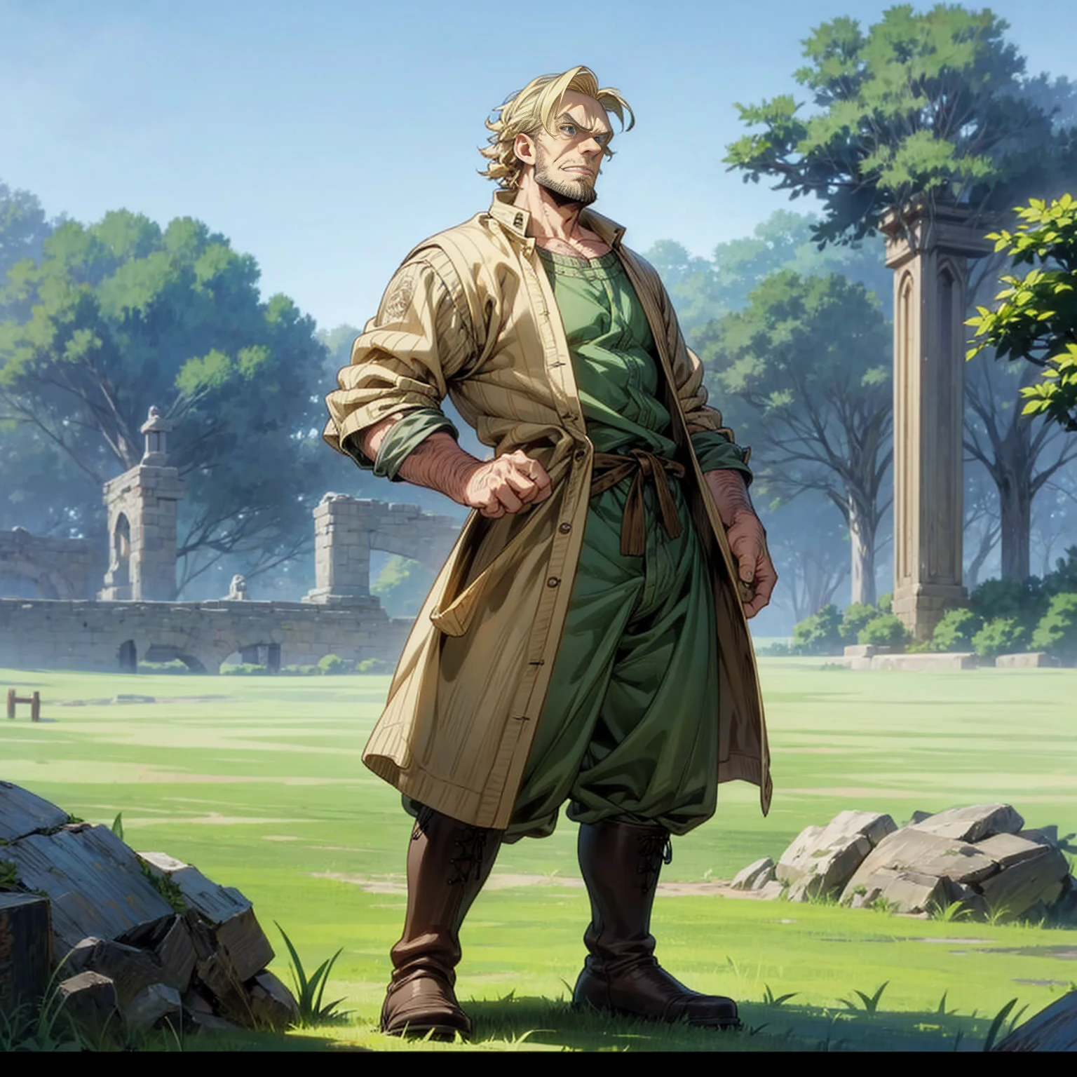 Solo character, full body version, Old man, very big muscle, chin beard, blue eyes, blonde color hair, short curly hair, casual clothing, boots, outdoor, field, medieval, morning, standing gesture, detailed background, detailed clothing, detailed hair, very angry eyes, (one piece style art)