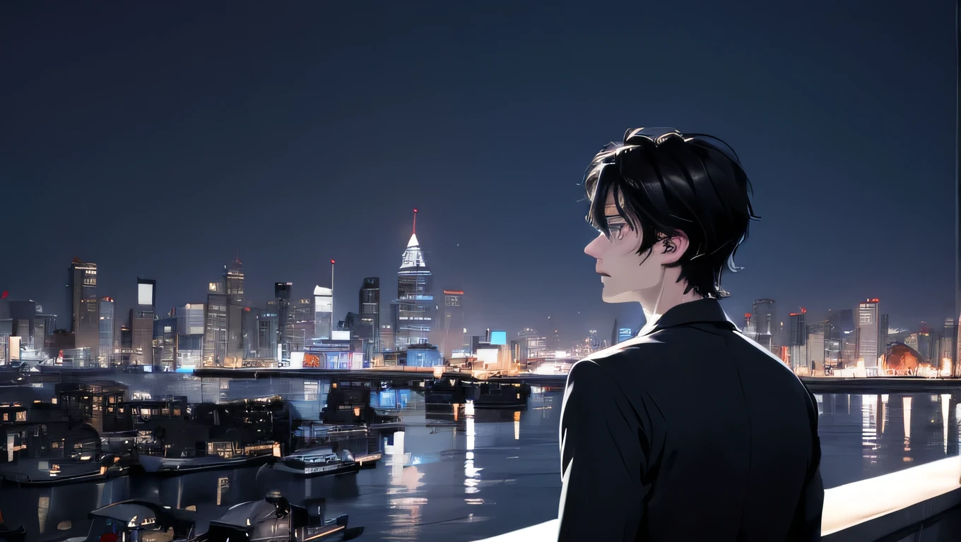 1 Boy, medium light black hair, light blue eyes, wearing a black suit, night city, 18+ , high resolution, very sharp, 8k, masterpiece,I look up at the sky and writhe in longing for her.,watching from behind