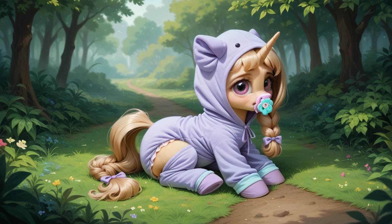 pony, light caramel unicorn, adult filly, plum eyes, lush mane braided, bushy tail, sitting outside, dressed in an onesie and booties, pacifier in mouth, solo, thick diaper under clothes.