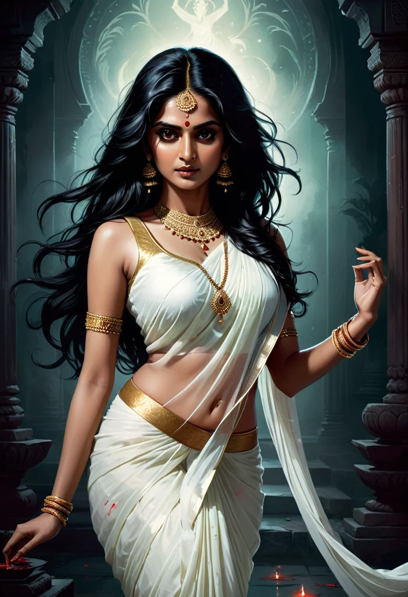 Digital illustration with a dark, eerie style. The layout features a central figure, idol of an indian woman with long, disheveled black hair, towards the viewer., dancing pose , Her skin is pale, and her eyes are glowing white, scary looks, giving her a menacing appearance. The woman is dressed in a white saree (sleeveless) , dark atmosphere, scary bloody ambience