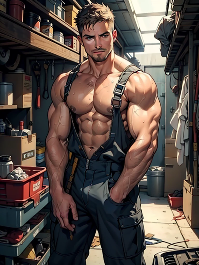 NSFW ,masterpiece , 8k , best quality ,very very detailed face , natural eyes, 1man, young man, boy, muscled and mature, stephen amell as a mechanic wearing totally unbuttoned overall, showing COCK , his nipples and muscles , mechanic tools , sweating, tight cloth, , full body view , working on a car