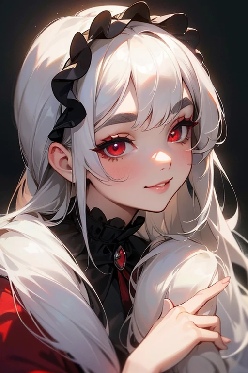 (Highest quality, masterpiece:1.2), High resolution, The highest masterpiece、Very detailed, Realistic:1.37, Fantasy, An illustration,Gray Hair、 Red eyes、Queen, Red dress、beautifully、Eyeshadow Red、Thick eyebrows、Long eyelashes、pupils are black、shiny on the lips、Top Sites、Queen、PRİNCESS、A kind smile、Soft impression、people々々Loved by、Slimming the face、Shoulder Bare、ponytail、Kissing Face、Long white hair、Shaggy Bangs、(Save face image).(Gothic Lolita)、(A kind smile)、(Background white)、