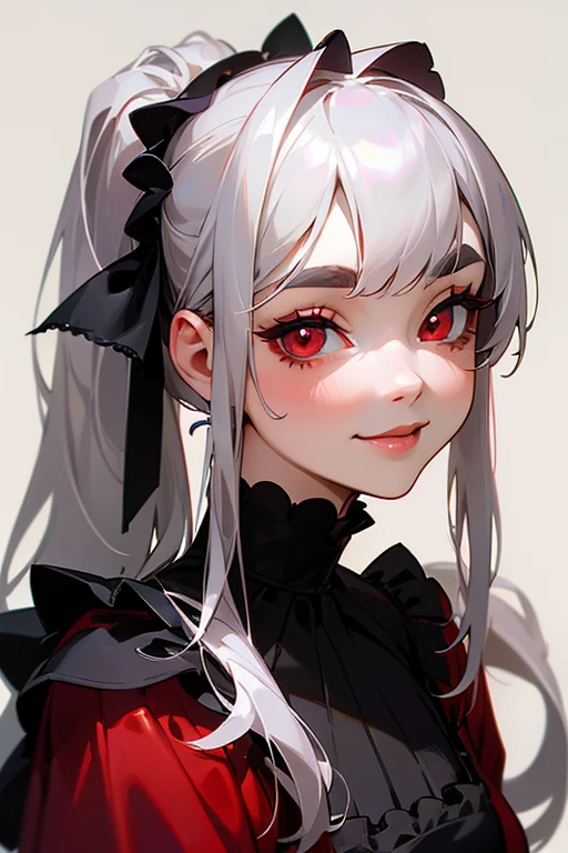 (Highest quality, masterpiece:1.2), High resolution, The highest masterpiece、Very detailed, Realistic:1.37, Fantasy, An illustration,Gray Hair、 Red eyes、Queen, Red dress、beautifully、Eyeshadow Red、Thick eyebrows、Long eyelashes、pupils are black、shiny on the lips、Top Sites、Queen、PRİNCESS、A kind smile、Soft impression、people々々Loved by、Slimming the face、Shoulder Bare、ponytail、Kissing Face、Long white hair、Shaggy Bangs、(Save face image).(Gothic Lolita)、(A kind smile)、(Background white)、