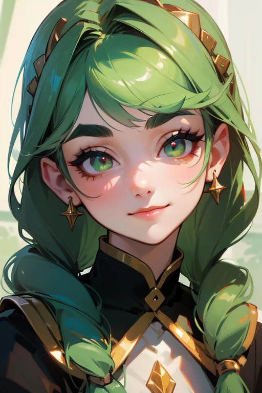 (Highest quality, masterpiece:1.2), High resolution, Very detailed, Realistic:1.37, Fantasy, An illustration, Green Eyes、Queen, Platinum decoration、beautifully、Eyeshadow Red、Thick eyebrows、Long eyelashes、pupils are black、Her hair is light green、Embarrassing、people々々々々Loved by、Shoulder Bare、Braiding、.(Save face image),、(A kind smile)、