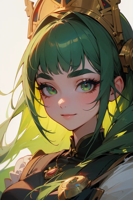 (Highest quality, masterpiece:1.2), High resolution, Very detailed, Realistic:1.37, Fantasy, An illustration, Green Eyes、Queen, Platinum decoration、beautifully、Eyeshadow Red、Thick eyebrows、Long eyelashes、pupils are black、Her hair is light green、Embarrassing、people々々々々Loved by、Shoulder Bare、Braiding、.(Save face image),、(A kind smile)、
