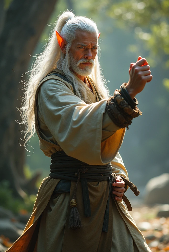Elf man with white hair, monk in a fighting stance, fantasy style, realistic image