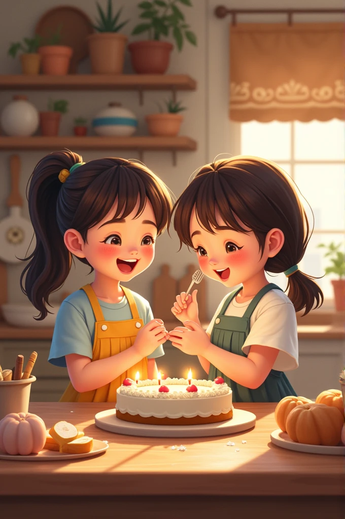 Cozy house with wood furniture
Two girls baking cake in the kitchen