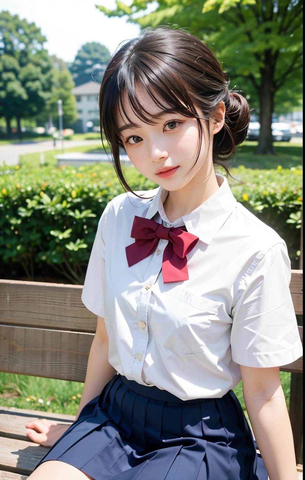 ((Highest quality))、((masterpiece))、RAW Photos、8k、Highest quality、 Ultra-high resolution、Beautiful face in every detail、Realistic human skin、Gentle expression、View from the front、color々From an angle、[[[Bob Hair]]]、Realistic、Photorealistic、cute、Short skirt、(cutehigh school girl)、school uniform, cutehigh school girl, high school girl、japanese high school girl、The cutest girl in school、((Small face))、Beauty、watch、blue sky、garden、bench、A bow tie、JK Ribbon、(hairstyle:1.25)、((Blushing))、Girlfriend