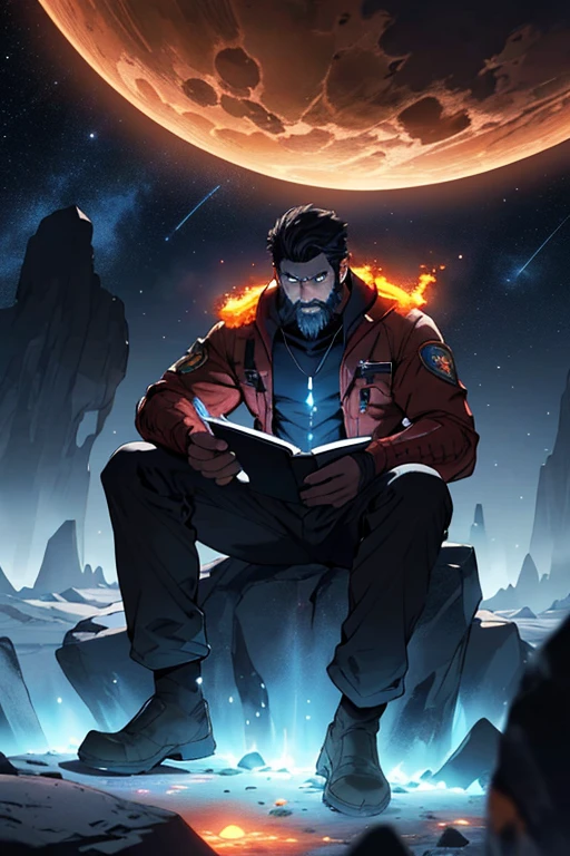 Draw a young Zombie, sitting on a research platform floating in the middle of an asteroid belt. He is studying with a notebook, surrounded by several asteroids glowing with fiery auras. Dramatic lighting from distant stars and planets illuminates the scene, casting deep shadows on the suit. The young man looks confident and determined, looking at the vast and mysterious universe with wonder and respect,facial hair, cowboy shot,Giving Sermon to Jr. Zombies in front 