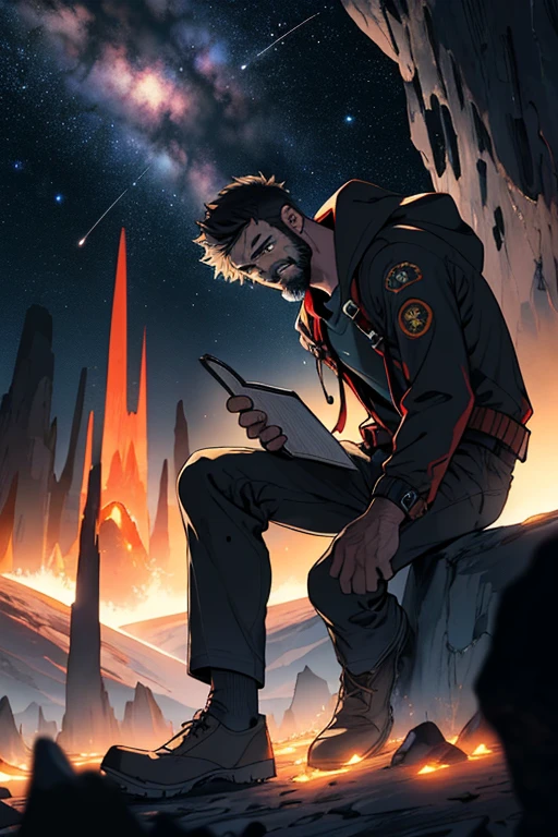 Draw a young Zombie, sitting on a research platform floating in the middle of an asteroid belt. He is studying with a notebook, surrounded by several asteroids glowing with fiery auras. Dramatic lighting from distant stars and planets illuminates the scene, casting deep shadows on the suit. The young man looks confident and determined, looking at the vast and mysterious universe with wonder and respect,facial hair, cowboy shot,Giving Sermon to Jr. Zombies in front