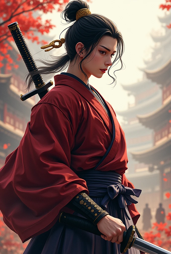 (Highest quality、 8k 、masterpiece、High resolution)、Japanese Samurai、1. Man、A young Edo period swordsman、Musashi Miyamoto、Dual-wielding master、Holding the hilt of a sword、Anime Art、(The blade is about 80cm long.、The stem is short, about 20 cm.、The sword has a rounded tsuba)、Official Art、Detailed CG、