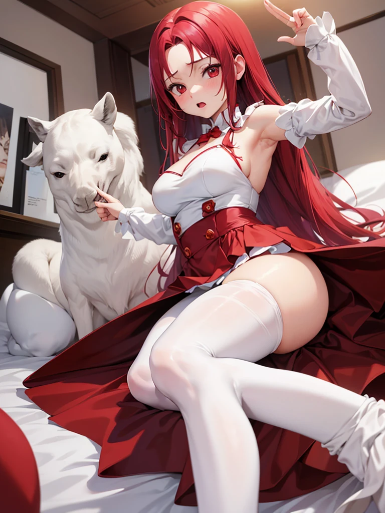 masutepiece, Best Quality, 1girl in, (Karen Stadtfilt),Red color hair, (red eyes:1.2),((weddingdress))、((robe blanche))、Semi-long hair、((embarassed expression))、((Bedroom))、((long boots))、((a miniskirt))、((pantyhose))、ชุดรัดรูป, กางเกงในสีขาว, camel toe, โชว์กางเกงใน, โชว์หน้าอก, หัวนม,