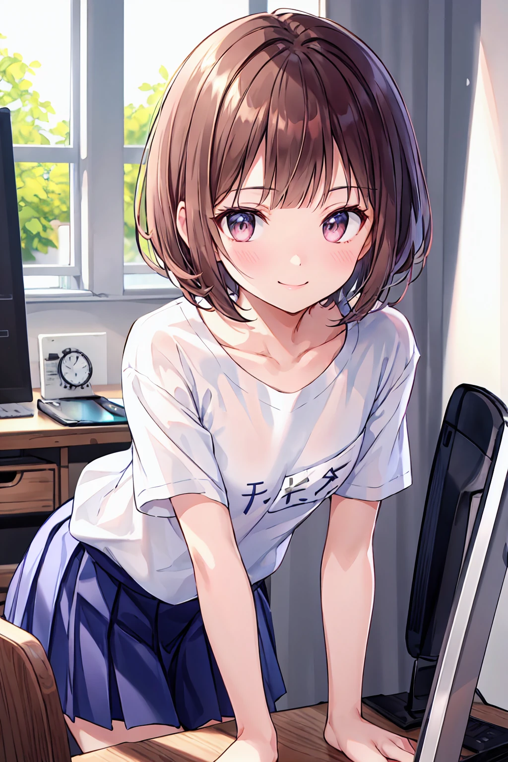 Frame In, Face and body from the front, View from the front, Upper Body, high quality, Very high resolution, high quality, Very high resolution, pretty girl, Brown Hair, amount, Blunt bangs, Bobcut, blush, Raked up bangs, (Wearing a plain T-shirt), upright, Pleated skirt, Work Desk, Sit in a work chair, Place your hands on your thighs, smile, Leaning forward, At the office,Small breasts,Flat chest