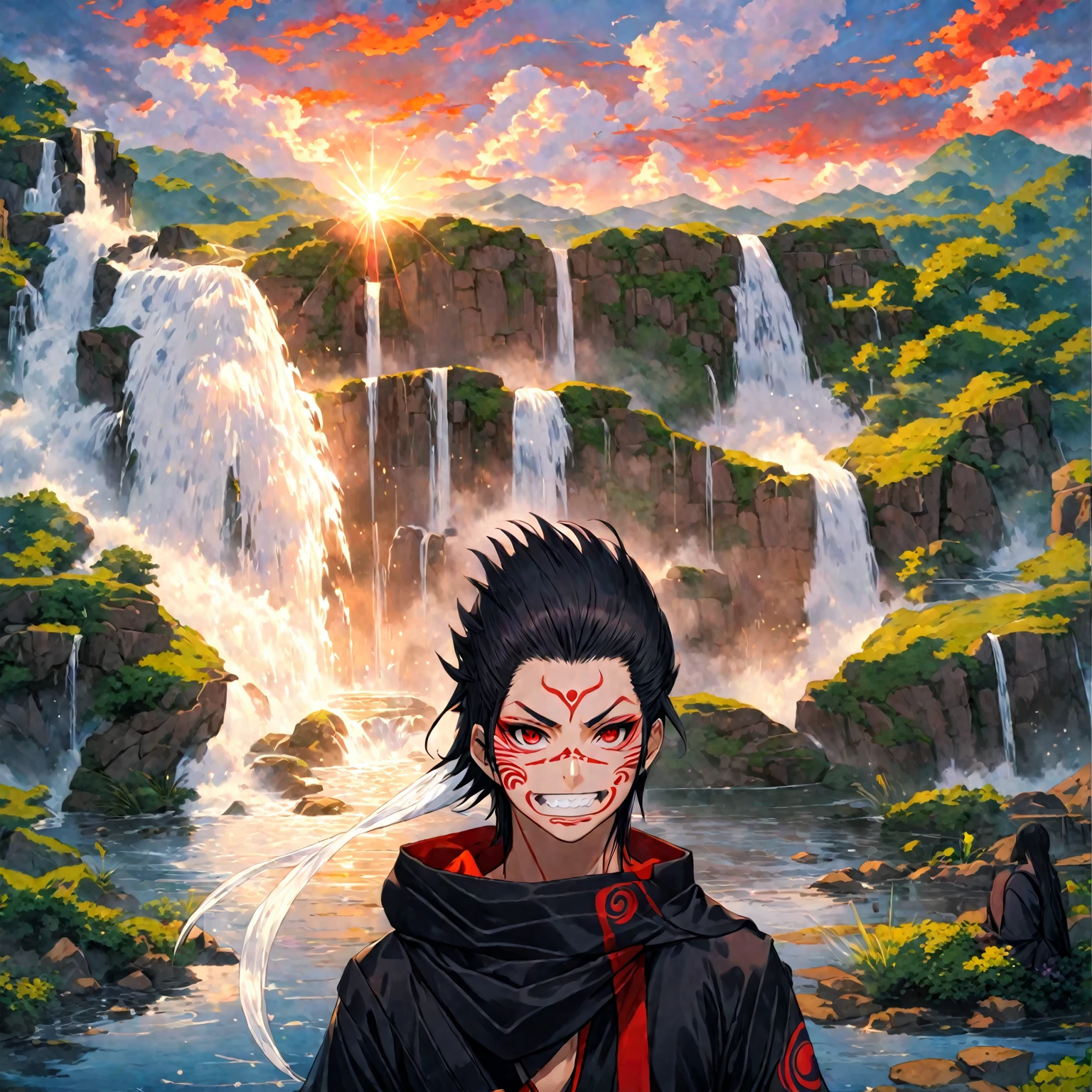 A young fighter, (((Red eye))), (((Tattoo on face))), itachi uchiha,(((And energy coming out from around his body))),(((Half black and half white hair))), (((He wears a black uniform))),(((White teeth))), He sits on the floor, And a landscape background , (((Beyond precision))), Behind a waterfall, Behind the statues, water comes out of their mouths.,