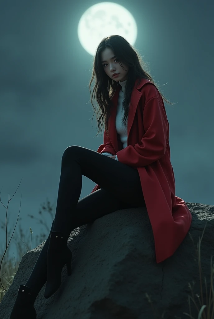 Femme brune aux mèches blondes qui ressemble à Sophie Mudd vêtue d'un manteau rouge, et blanc assise sur un rocher au clair de lune