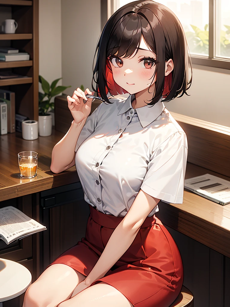 Close-up on medicine:1.3. Wavy Hair:1.3. Bob Cut Hair:1.6. Round Eyes Beauty:1.3. Well-shaped breasts, large breasts, brown eyes, side-swept bangs:1.6. My cheeks are red:1.3. Medicine on the table:1.3. Small glass of water, white blouse, short sleeves, stylish, red long skirt:1.3 Apartment room Sitting on a chair Table