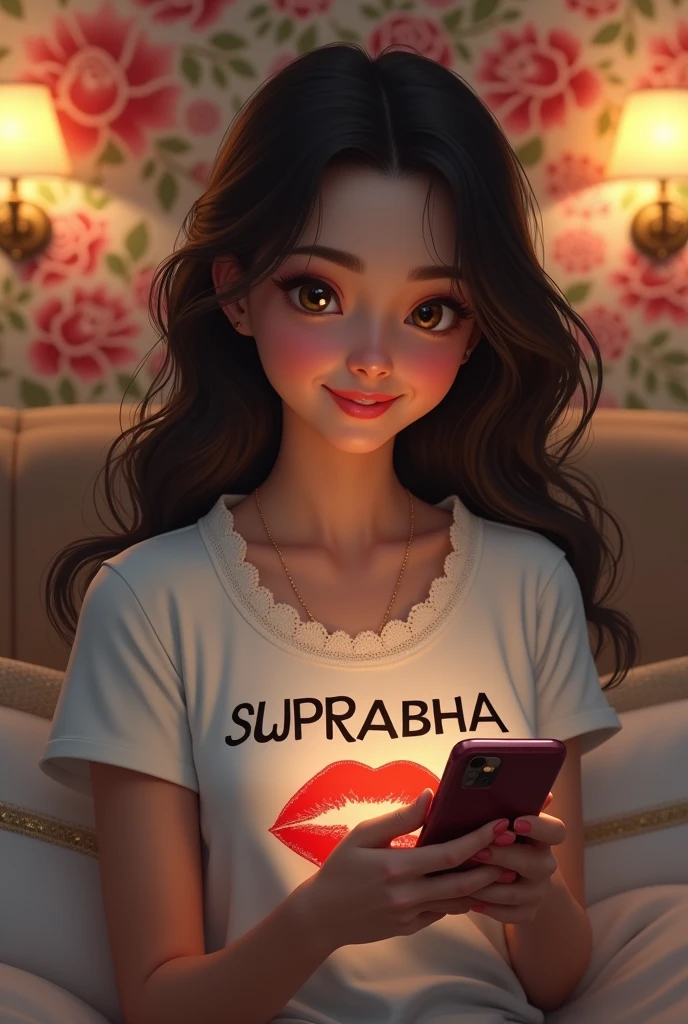 A young woman with long, dark hair is sitting on a bed, smiling while holding a smartphone. She wears a white t-shirt featuring the name SUPRABHA in bold letters, with a red lips graphic and lace trim. The background displays a floral wallpaper design, and soft lighting from wall sconces creates a cozy atmosphere.