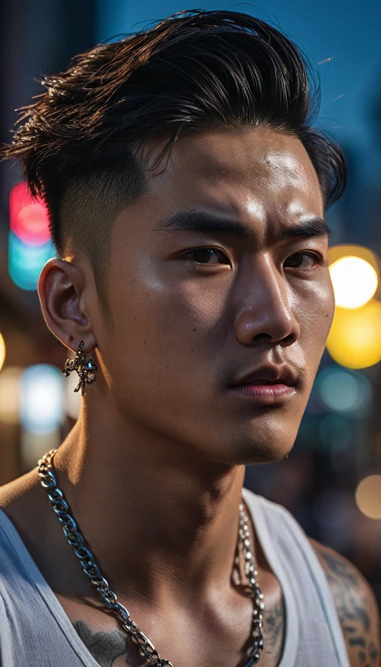 ((Face close-up)), a man, extremely handsome, 15 years old, muscular, tattooed, wearing a necklace, hair tied up, street scene, gangster style, romantic, Hong Kong cinema. Their eyes are filled with sadness and longing. Full moon light background. Cinematic light, high detail, 8k, artstation, conceptual art, dark fantasy. Photo taken with Canon EOS R5 85mm f/11 camera, ((sharp)) mode of people and surrounding scenery. Image quality ((8K)), ((realistic)), ((masterpiece)), ((sharpest and highest contrast)), ((great depth of field)), ((stereoscopic light)), ((angry, fierce)), detailed pores, ((looking straight at the camera)), ((straight face))