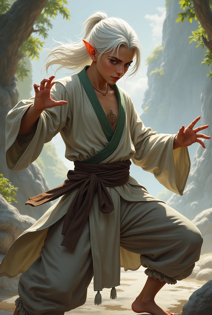 Young Elf male with white hair, monk in a fighting stance, fantasy style, realistic image