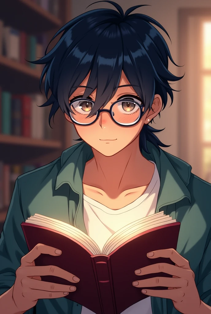 Aesthetic man with eye glasses and middle part hair reading a book anime
