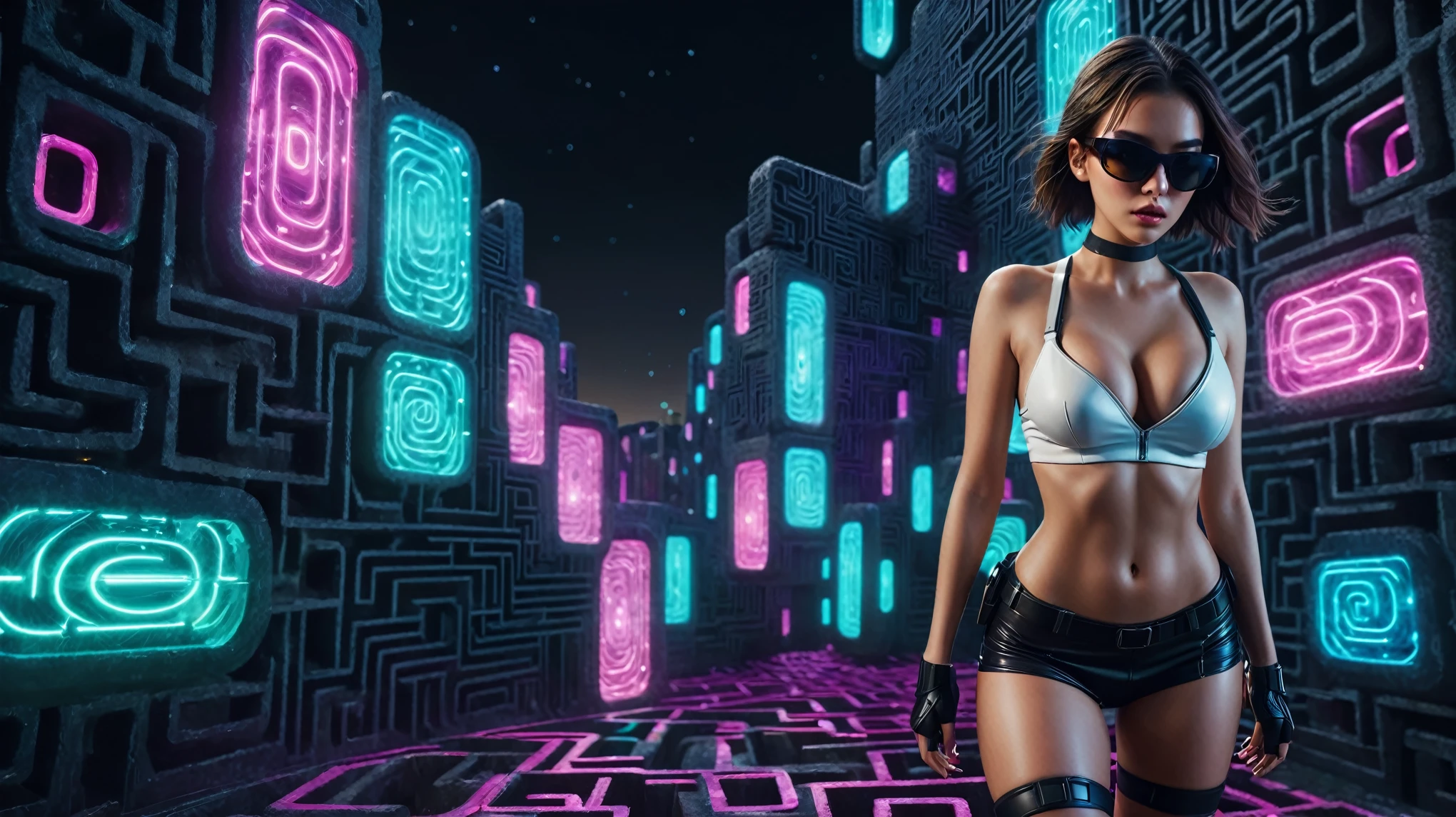 Aerial view, (flying vehicle), sci-fi outdoor maze as background. Matrix style, at night, dark sky. (1girl, solo), photo realistic, large-breast:1.2 slim:0.9 body, cleavage:1.2, tube top, miniskirt, (matrix style black sunglasses), (holding a mini:1.1 stun gun), half-body thigh level medium shot, cinematic lighting, ray tracing.