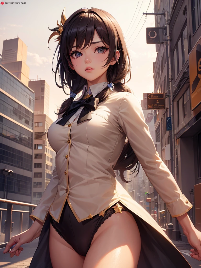 (extremely detailed CG unity 8k wallpaper),(masterpiece), (best quality), (ultra-detailed), (best illustration),(best shadow), cowboy shot, (sharp eyeliner, eyeshadow, detailed eyes:1), city background, ,BREAK , (star15school:1.2), hair ornament, ,camel toe , ชุดรัดรูป,
