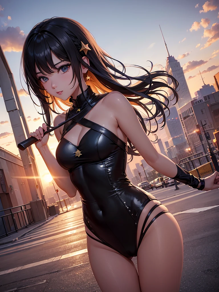 (extremely detailed CG unity 8k wallpaper),(masterpiece), (best quality), (ultra-detailed), (best illustration),(best shadow), cowboy shot, (sharp eyeliner, eyeshadow, detailed eyes:1), city background, ,BREAK , (star15school:1.2), hair ornament, ,camel toe , ชุดรัดรูป,