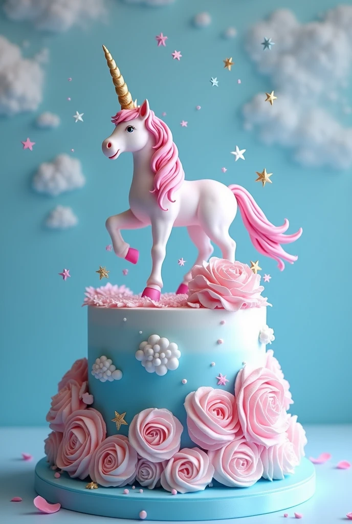 Blue and pink unicorn themed cake