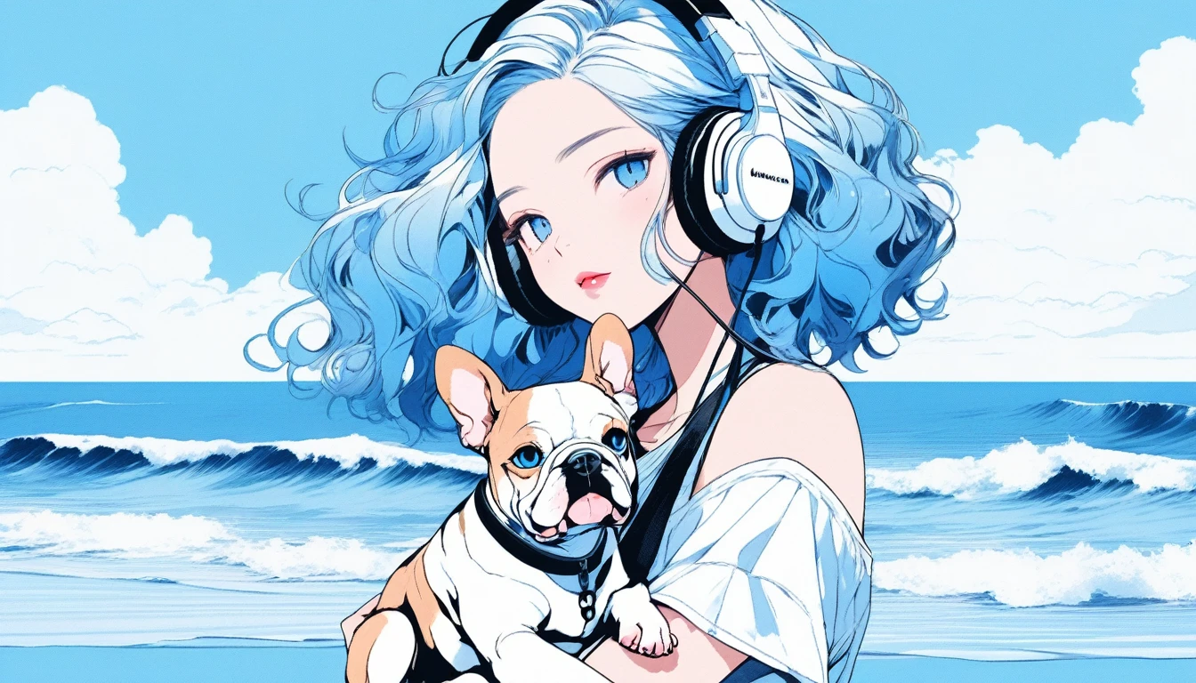 Illustrator, anime , Realistic ,sketch , An adult woman holding a cute bulldog puppy wearing headphones, lip, nail、T-shirt,order,Textured Trim, (masterpiece,Highest quality) Blue background, Neon Hair,Textured Trim, Canadian, (masterpiece,Highest quality) Cancer，Summer landscape、Seaside、Blue sky、white waves、Vision、Resort