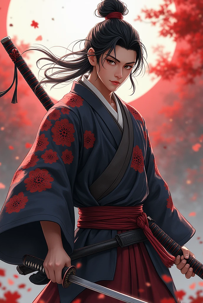 (Highest quality、 8k 、masterpiece、High resolution)、Japanese Samurai、1. Man、A young Edo period swordsman、Musashi Miyamoto、Dual-wielding master、Holding the hilt of a sword、Anime Art、(The blade is about 80cm long.、The stem is short, about 20 cm.、The sword has a rounded tsuba)、Official Art、Detailed CG、