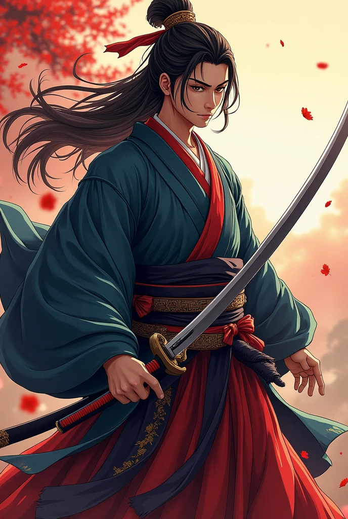 (Highest quality、 8k 、masterpiece、High resolution)、Japanese Samurai、1. Man、A young Edo period swordsman、Musashi Miyamoto、Dual-wielding master、Holding the hilt of a sword、Anime Art、(The blade is about 80cm long.、The stem is short, about 20 cm.、The sword has a rounded tsuba)、Official Art、Detailed CG、