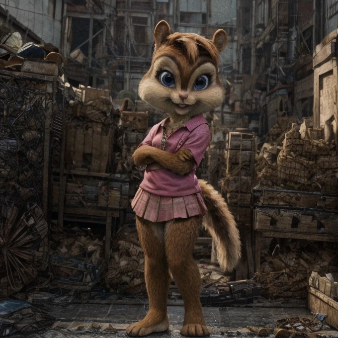 score_9, score_8_up, score_7, score_6, detailed background, brittany miller, chipmunk, furry, short ears, jean jacket, pink skirt, light pink shirt, crossed arms, 6 inches tall,
