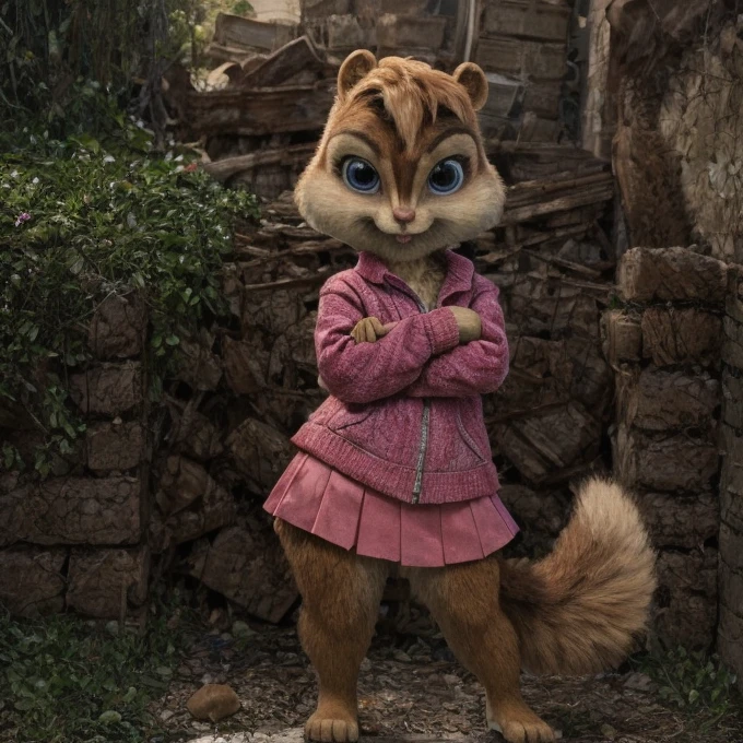 score_9, score_8_up, score_7, score_6, detailed background, brittany miller, chipmunk, furry, short ears, jean jacket, pink skirt, light pink shirt, crossed arms, 6 inches tall,