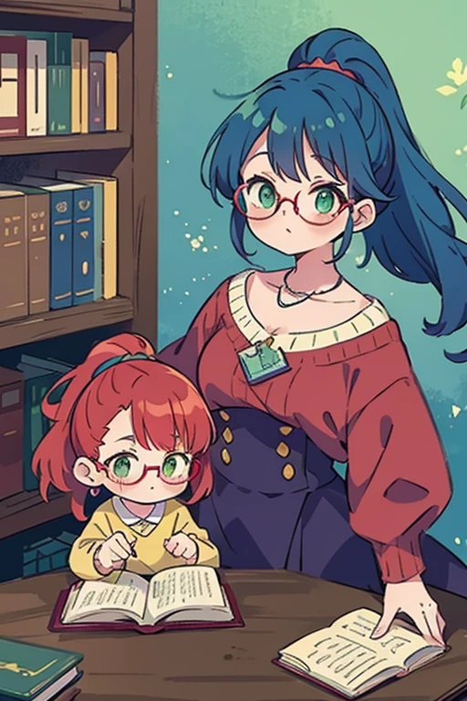 2 people, 1 woman 1 child, anime style, librarian, red hair for woman, blue hair for child, ponytail, ((glasses)), crystal in background, (green eyes), high quality, masterpiece, cozy atmosphere, book, holding a book, (library background), full body, full body pose frot view, family friendly, fantasy, pastel colors, cute